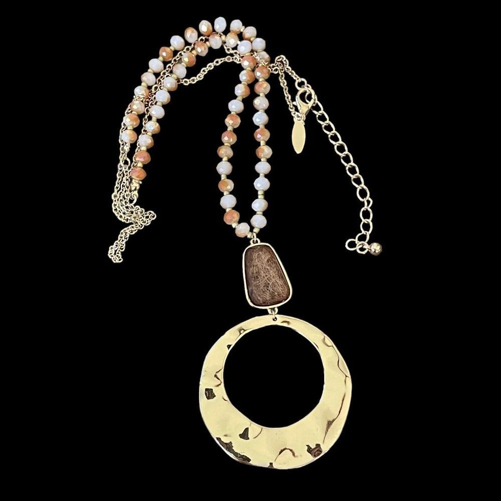 Natasha Gold Tone Long Circle Pendant Necklace Ab Ombre Style Beads Modernist